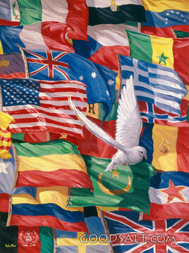A Dove Flying over Many Different Flags