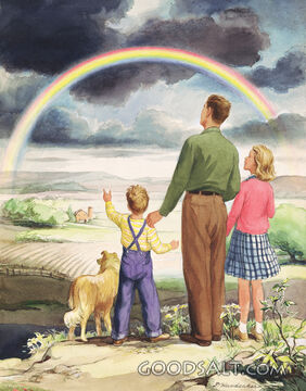 Father and Two Children Looking at Rainbow