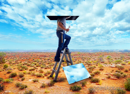 Man climbs ladder up into clouds