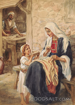 Mary and Boy Jesus Outside Nazareth Home
