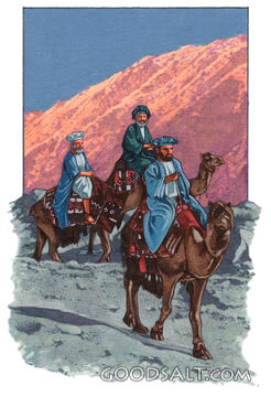 Three magi, or wise men, traveling on camels.