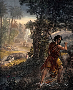 Cain kills brother Abel then runs flees