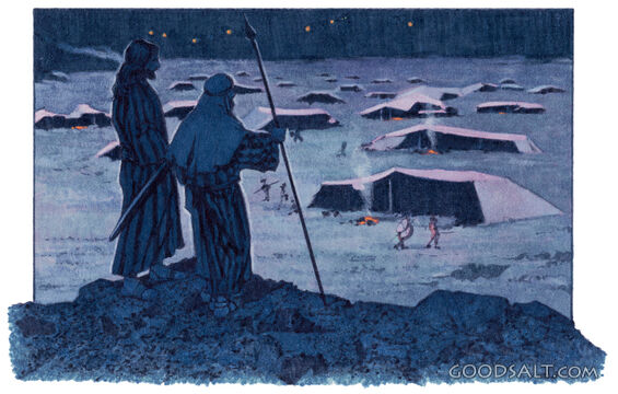 Two biblical men overlooking a camp.