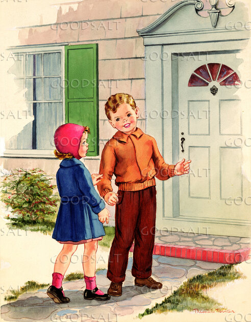 Boy & Girl at Door of House
