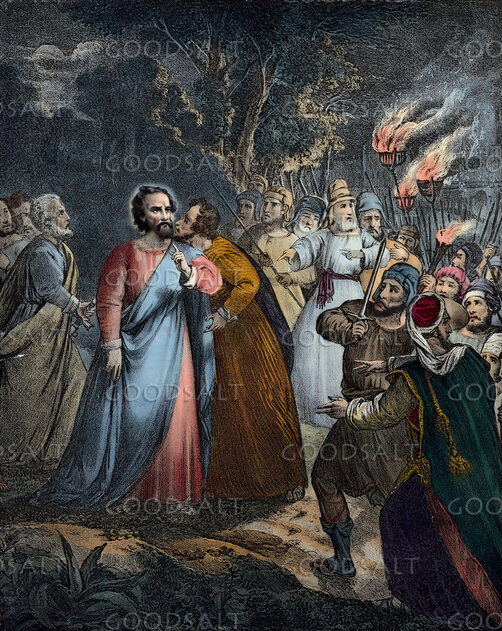Judas kiss Jesus before arrest in Garden of Gethsemane betrayal