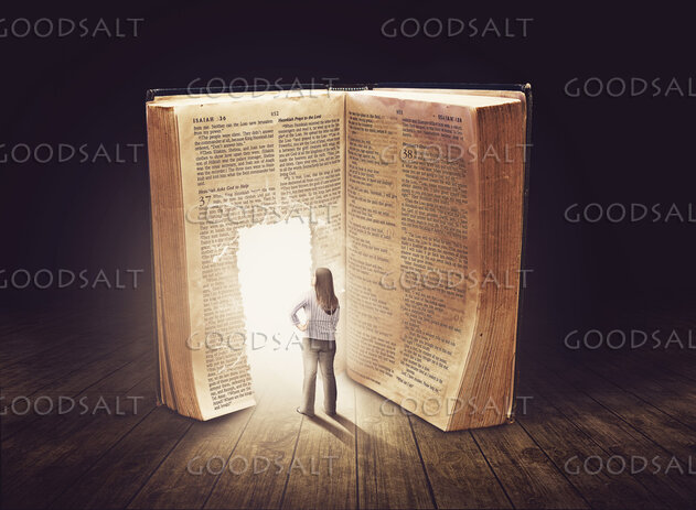 Woman Looking at Doorway in Bible