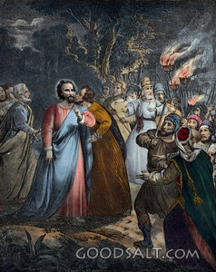 Judas kiss Jesus before arrest in Garden of Gethsemane betrayal