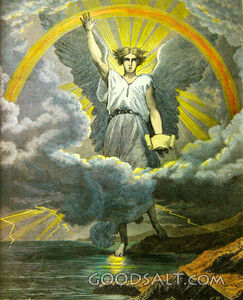 Male angel foot on land & sea swear time no more; hand raised to Heaven Revelation rainbow